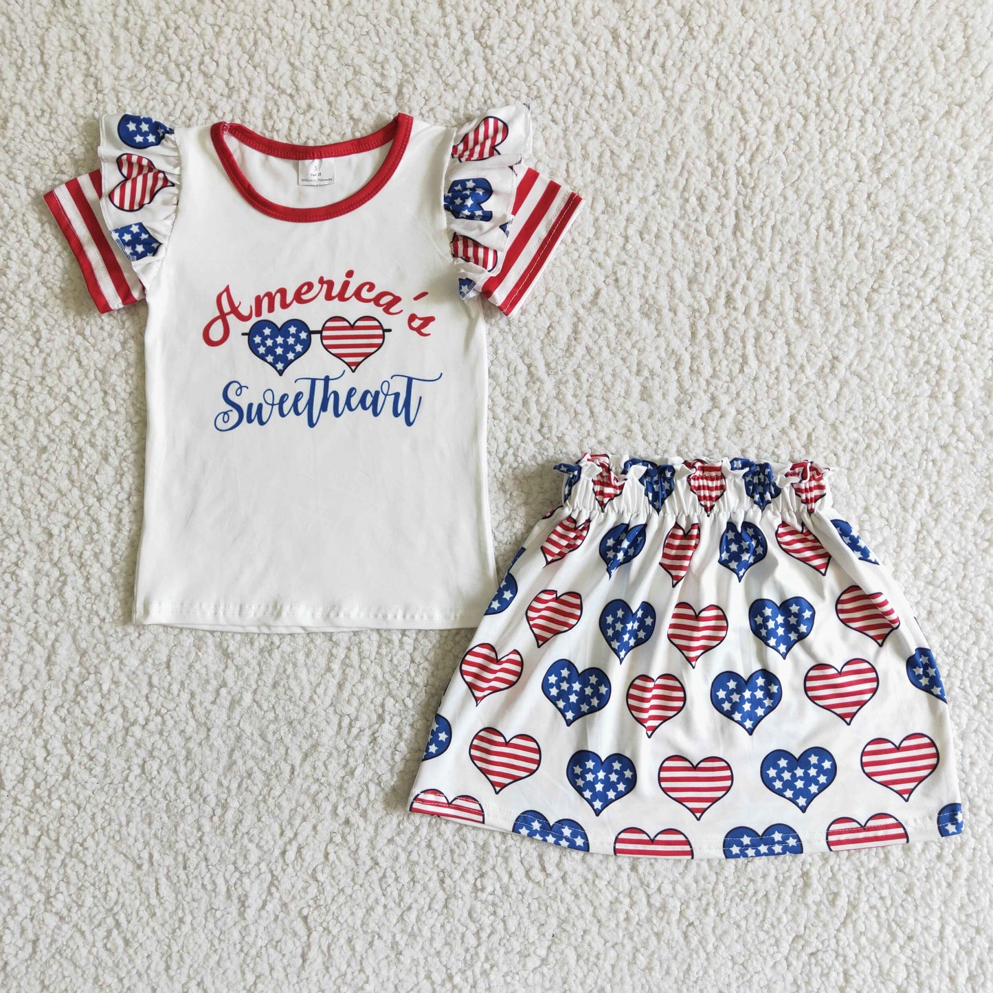 rts no moq GSSO0051 Girls American National Day Love Short Sleeve Skirt Suit