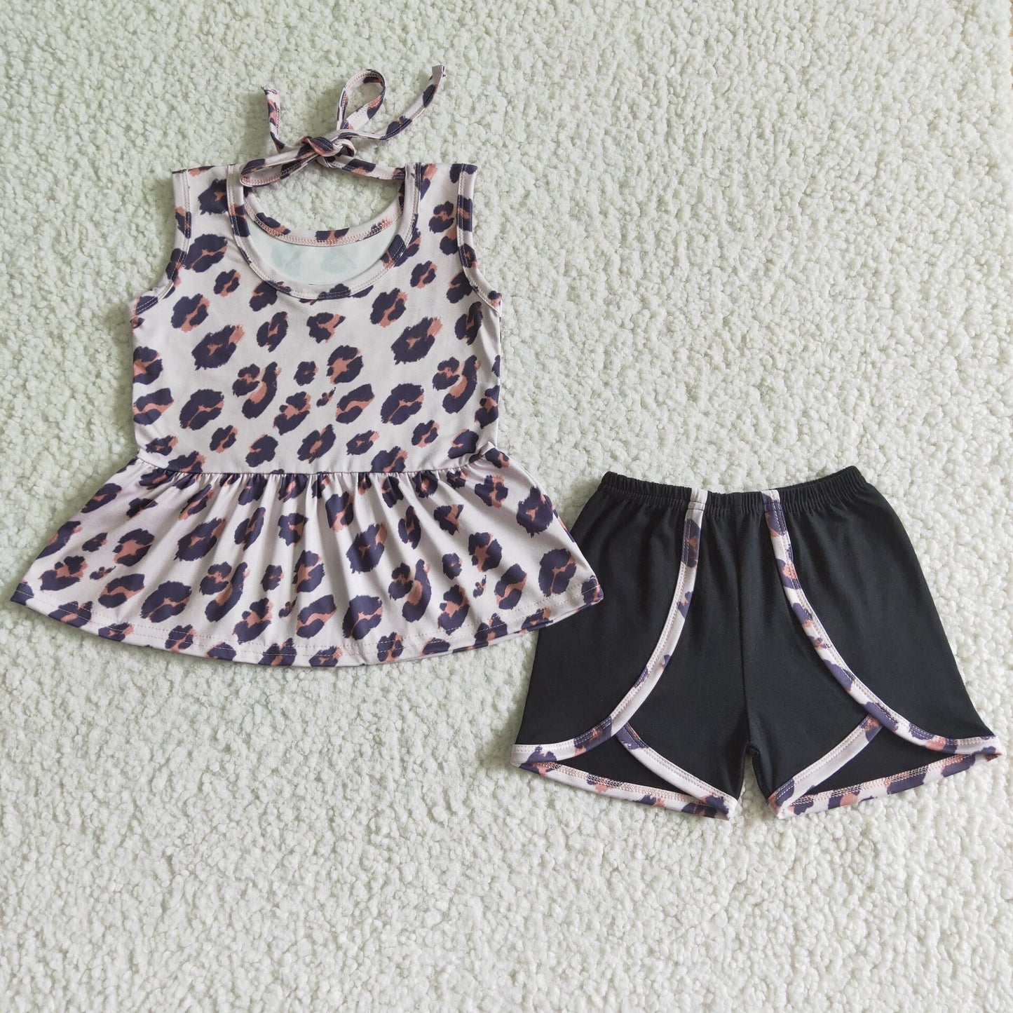 rts no moq GSSO0052 Girls Sleeveless Leopard Black Shorts Set