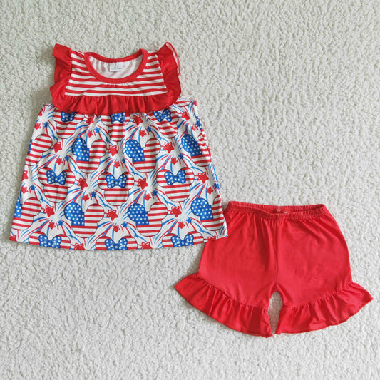 GSSO0055 Girls National Day Mickey Short Sleeve Red Lace Shorts Set