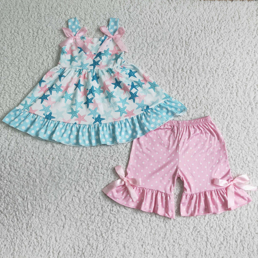 GSSO0058 Suspender bow blue star pink shorts suit