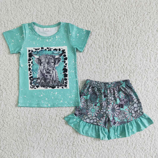 rts no moq GSSO0066 Helditall gray cow green short-sleeved lace shorts suit
