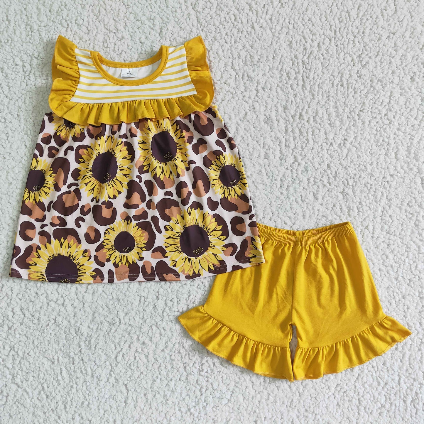 rts no moq GSSO0069 Lace sleeveless sunflower leopard print yellow shorts set