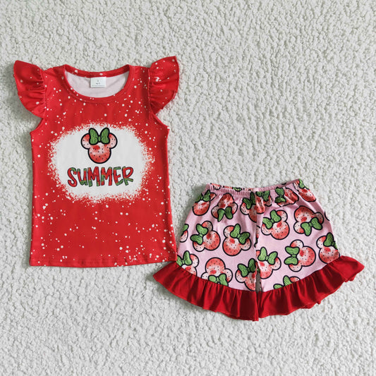 rts no moq GSSO0071 Girls Red SUMMER Strawberry Mickey Flying Sleeve Top Lace Shorts Set