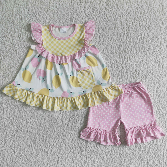 GSSO0073 Girls yellow lemon strawberry flying sleeve top pink lace shorts suit
