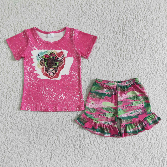 rts no moq GSSO0074 Girls Rose Red Alpine Cow Short Sleeve Colored Lace Shorts Suit