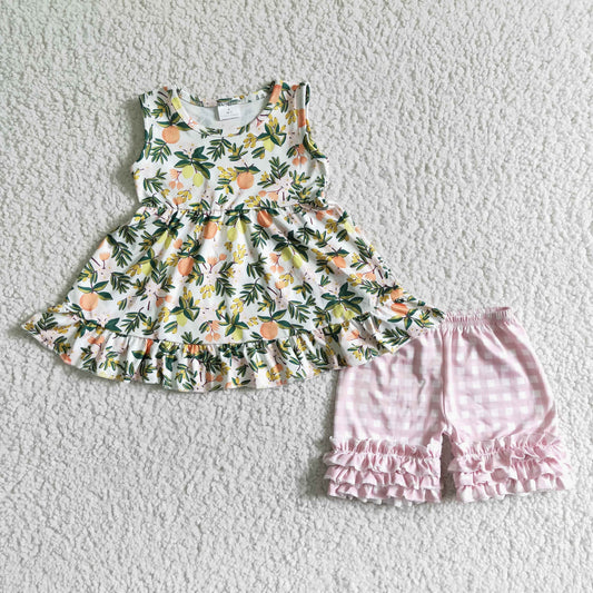 GSSO0076 Girls sleeveless fruit green leaf top pink plaid lace shorts suit