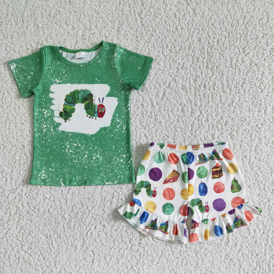 GSSO0108 Girls Green Caterpillar Short Sleeve Shorts Set