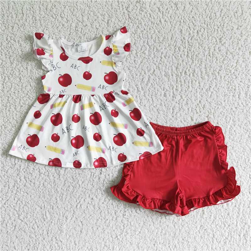 Apple Back to School Summer Short Sleeve Shorts Set