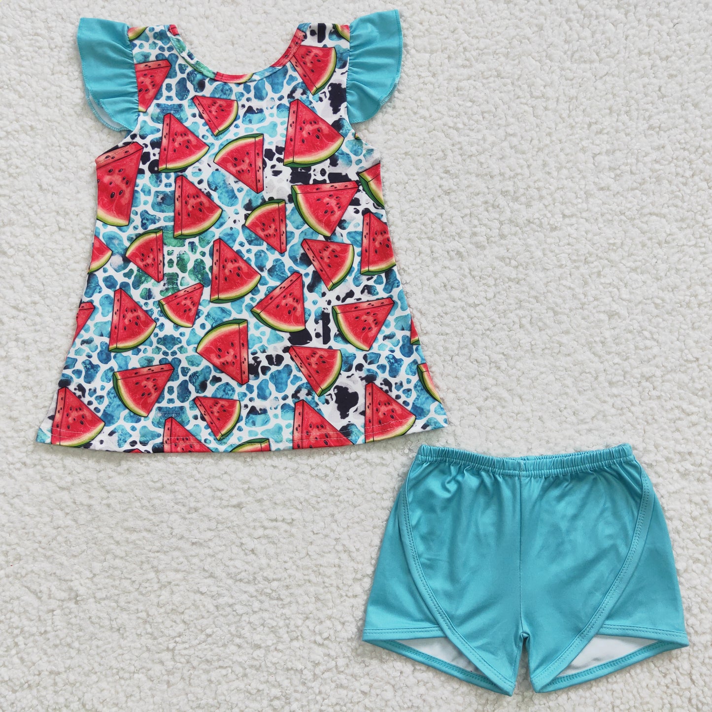 rts no moq GSSO0137 Girls Watermelon Blue Flying Sleeve Shorts Set