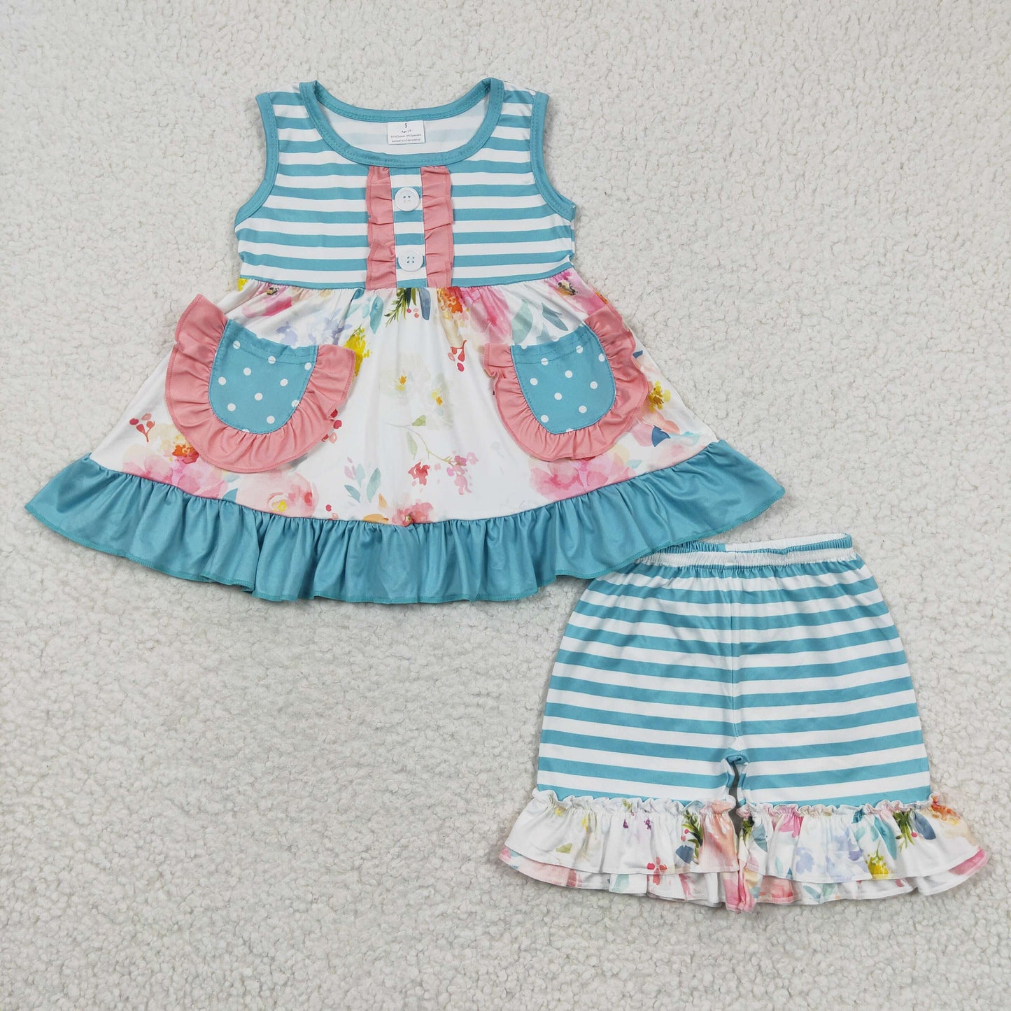 RTS NO MOQ GSSO0240 Floral blue striped pocket sleeveless shorts set