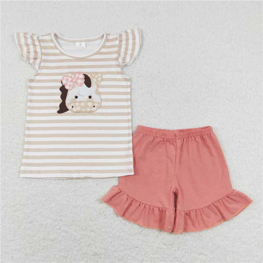 RTS NO MOQ baby girl clothes embroidery cow bow short sleeve Rompers Clothes Sets