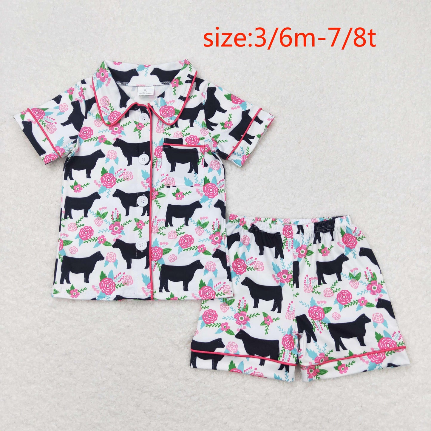 GSSO0590 Flower Cow White Short Sleeve Shorts Pajama Set