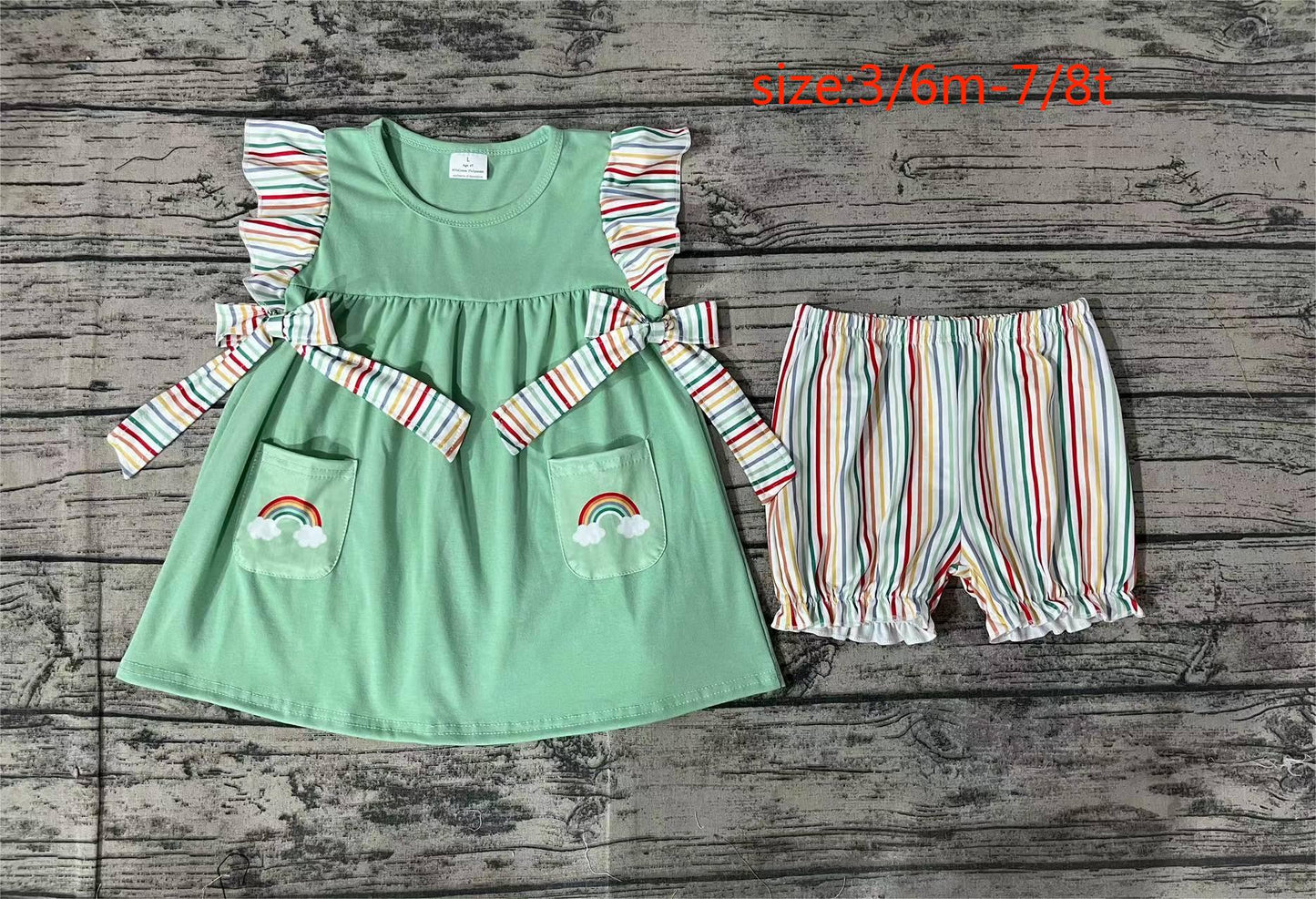 GSSO0596 pre-order baby girl clothes Colorful striped lace bow rainbow flying sleeve shorts suit