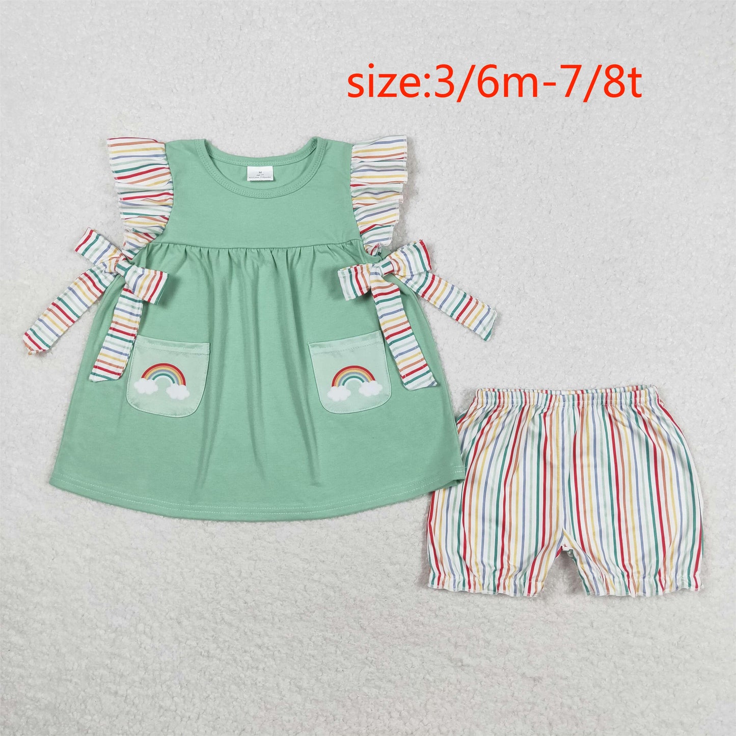 rts no moq GSSO0596 Colorful striped lace bow rainbow flying sleeve shorts set