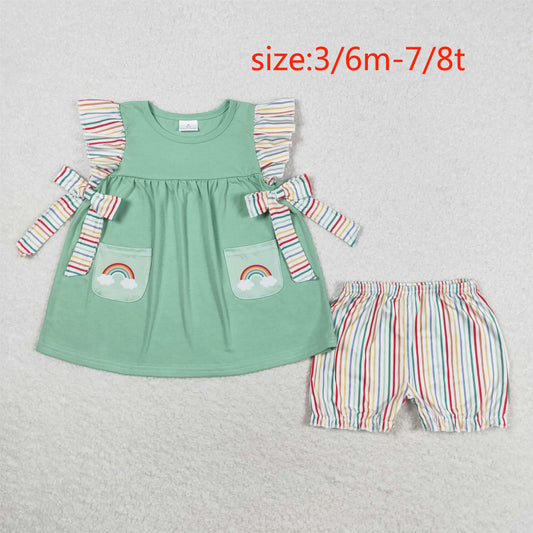 rts no moq GSSO0596 Colorful striped lace bow rainbow flying sleeve shorts set