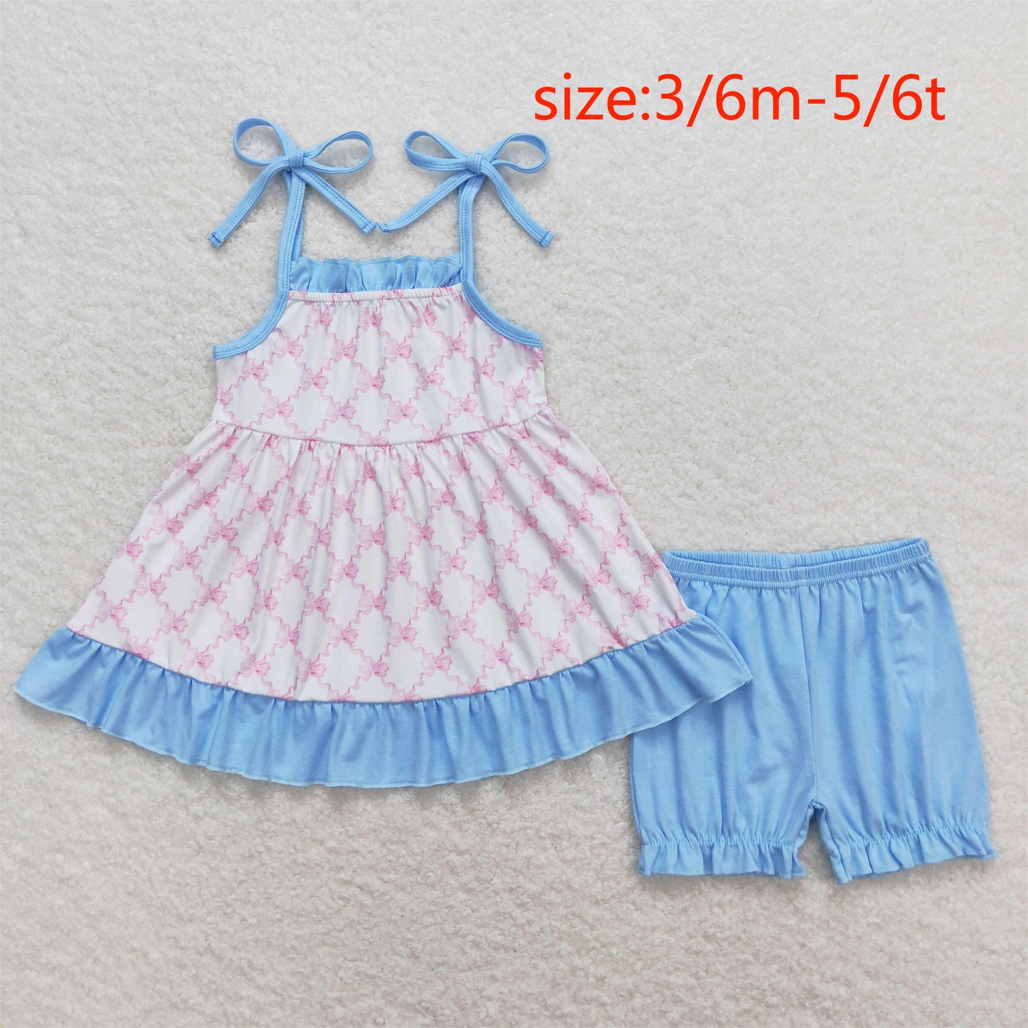 GSSO0668 Bow pattern blue lace white suspender shorts suit