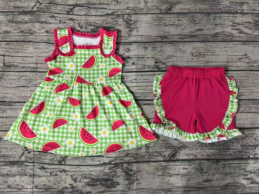 GSSO0701 pre-order baby girl clothes watermelon floral green grid sleeveless shorts suit