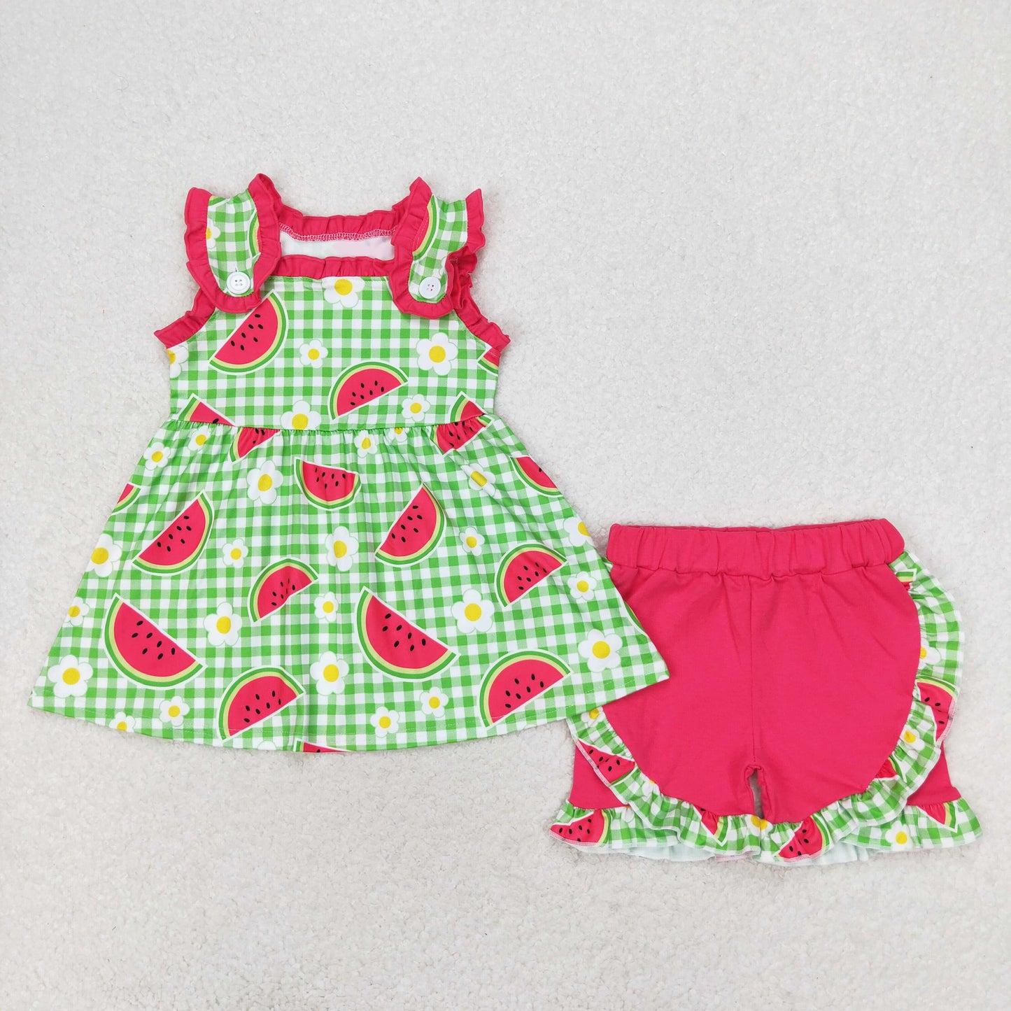 RTS no moq GSSO0701 Watermelon flower green plaid sleeveless shorts suit