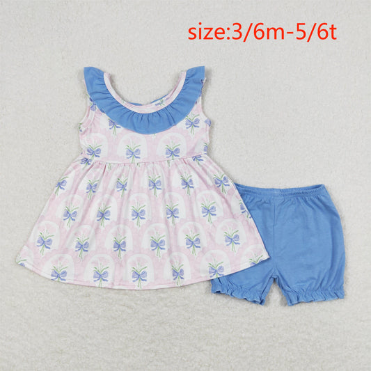 GSSO0723 Pink floral blue lace sleeveless shorts suit