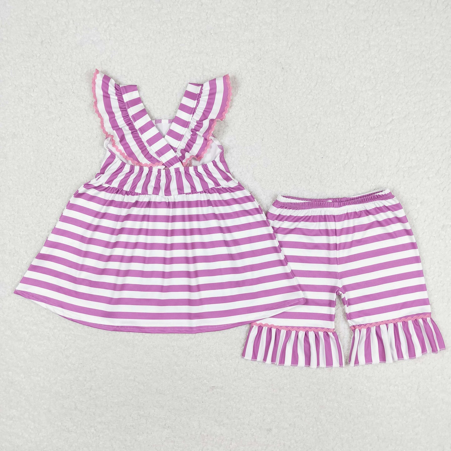 rts no moq GSSO0734 Embroidered colorful ice cream purple and white striped flying sleeve shorts suit