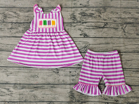 GSSO0734 pre-order baby girl clothes Colorful ice cream purple and white striped flying sleeve shorts suit