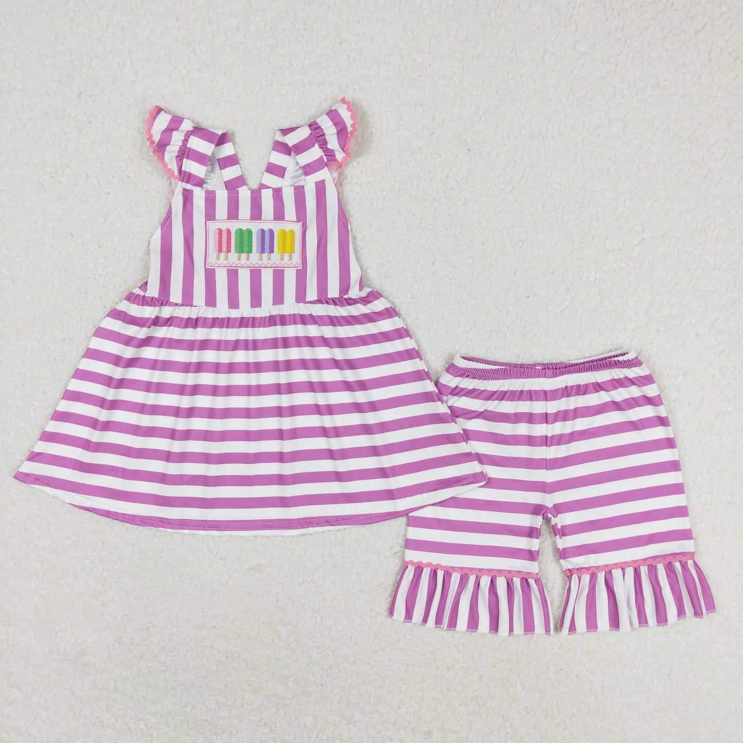 rts no moq GSSO0734 Embroidered colorful ice cream purple and white striped flying sleeve shorts suit