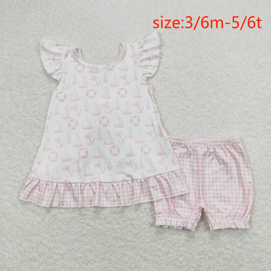 GSSO0748 Swim ring sailboat pink and white plaid bow flying sleeve shorts suit