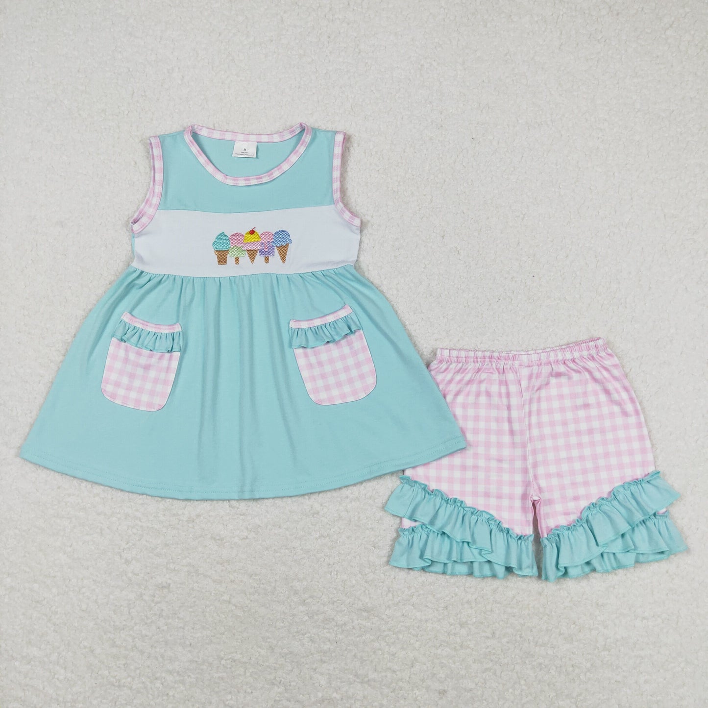 rts no moq GSSO0826 Embroidered Ice Cream Plaid Pocket Teal Sleeveless Shorts Set