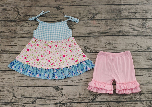 GSSO0836 pre-order baby girl clothes Floral plaid suspenders pink lace shorts suit