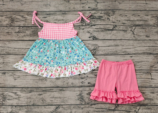 GSSO0837 pre-order baby girl clothes Floral plaid suspenders brick red lace shorts suit