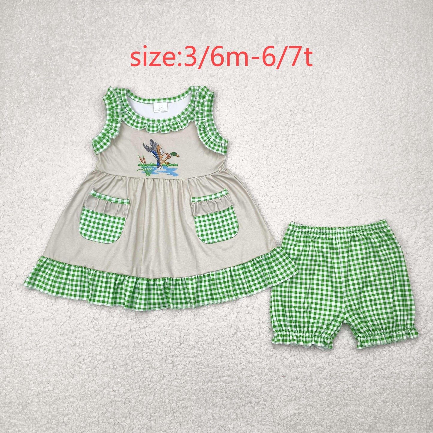 RTS NO MOQ GSSO0848 Duck green plaid lace pocket sleeveless shorts set