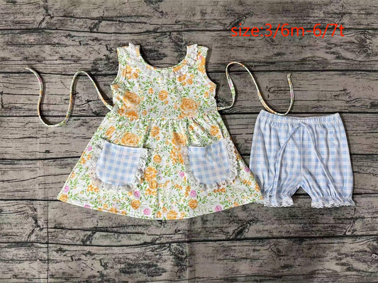 GSSO0871 pre-order baby girl clothes Yellow flowers green leaves pocket sleeveless plaid shorts suit