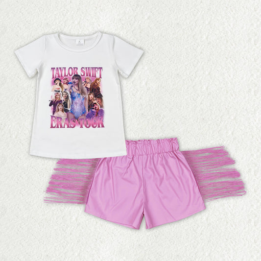 RTS NO MOQ GT0604+SS0222 Taylor white short-sleeved top with lettering Pink shiny leather tassel shorts sets