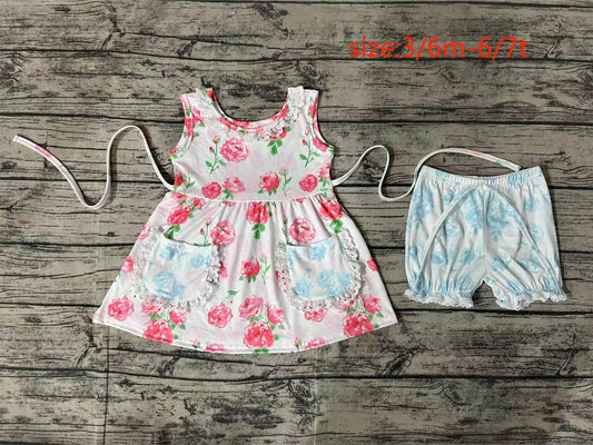 GSSO0882 pre-order baby girl clothes Powder Blue Floral Lace Pocket Sleeveless Shorts Set