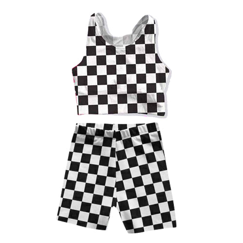 GSSO0906 black and white grid top and swim trunks suit