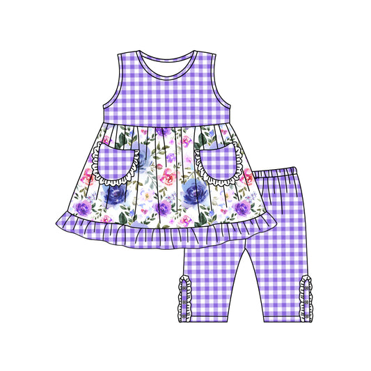 GSSO0907 Girls flower purple grid sleeveless pants suit