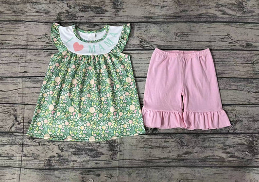 GSSO0913 pre-order baby girl clothes I love mama letter flower teal short-sleeved pink shorts suit