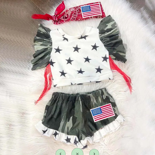 GSSO0918 Girls 4th of july stars shorts suit