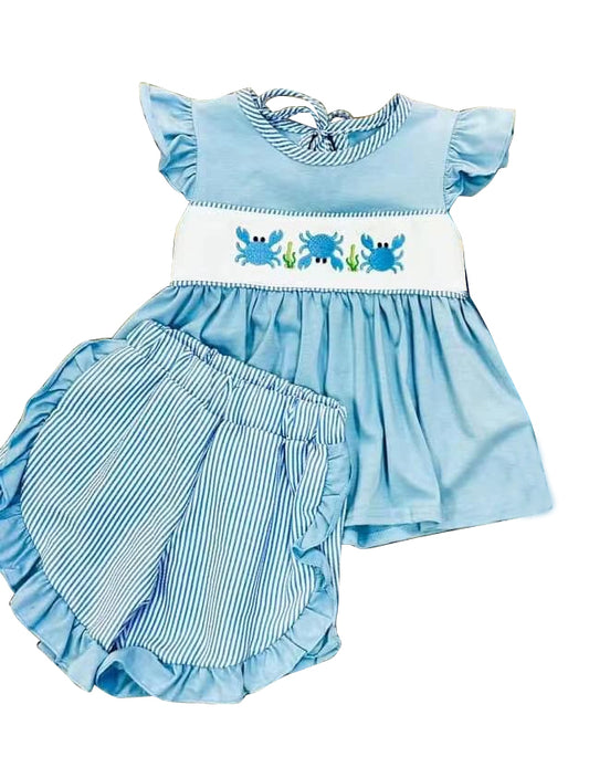 GSSO0927 pre-order baby girl clothes crab blue stripes toddler girl summer outfit