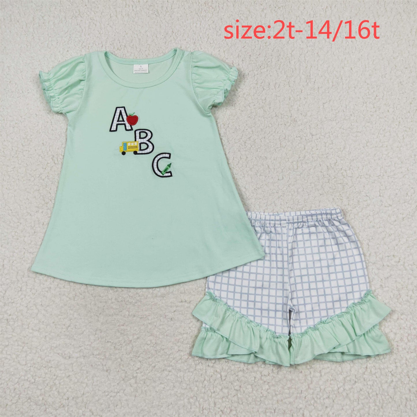 RTS NO MOQ ABC embroidery Cyan short-sleeved shorts suit school outfits