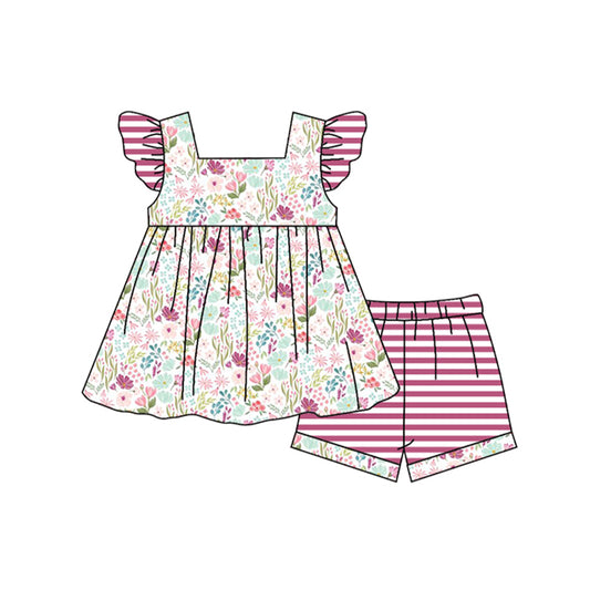 GSSO0939 pre-order baby girl clothes flower fly sleeve light pink striped shorts summer outfit