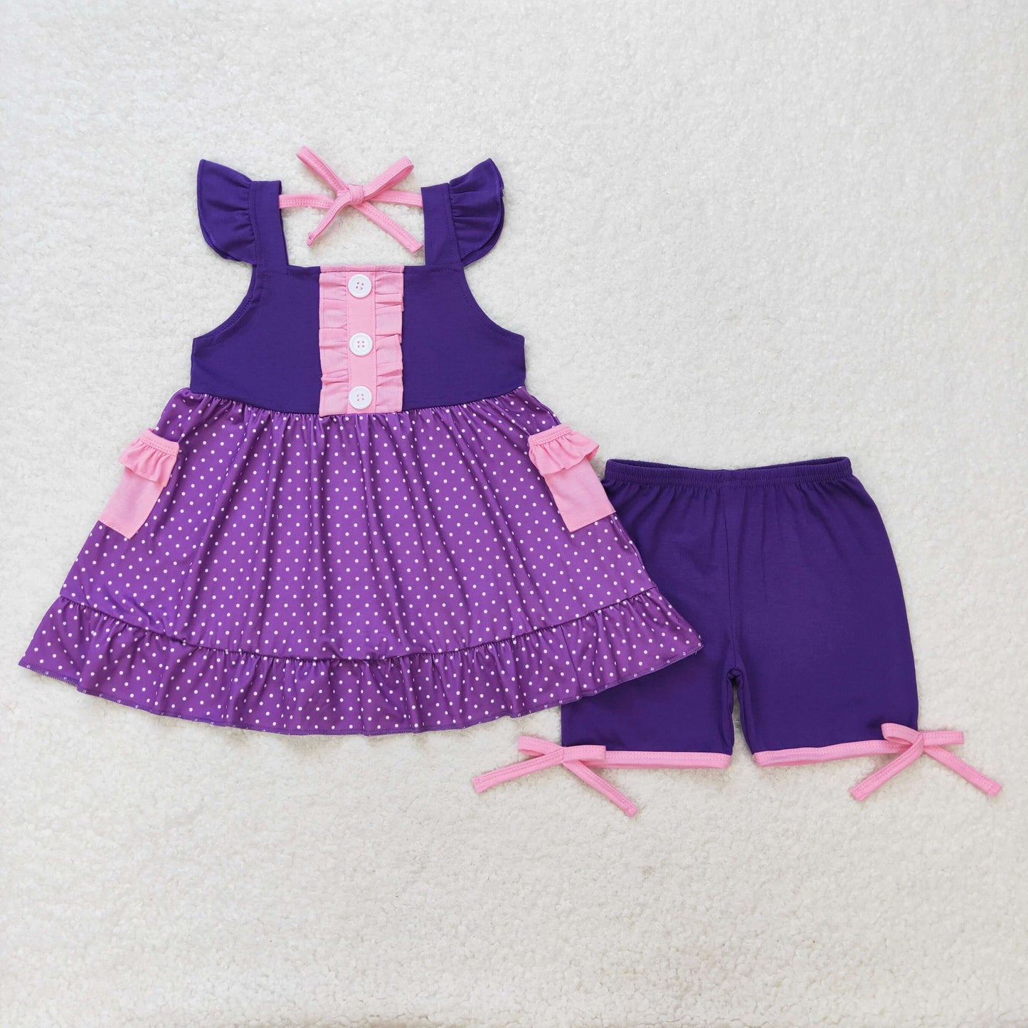 rts no moq GSSO0965 Pink lace pocket polka dot purple flying sleeve shorts suit