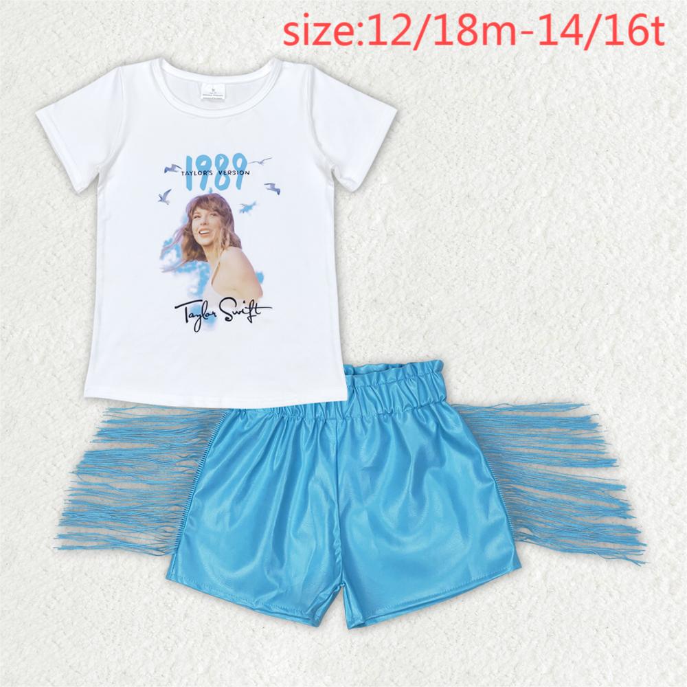 RTS NO MOQ GT0531+SS0241 1989 Taylor Swift white short-sleeved top Blue shiny leather tassel shorts set