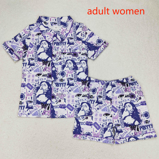 rts no moq GSSO0987 Adult women guts butterfly purple and white short sleeve shorts pajama set
