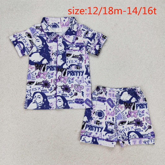 rts no moq GSSO0988 Guts Butterfly Purple and White Short Sleeve Shorts Pajama Set