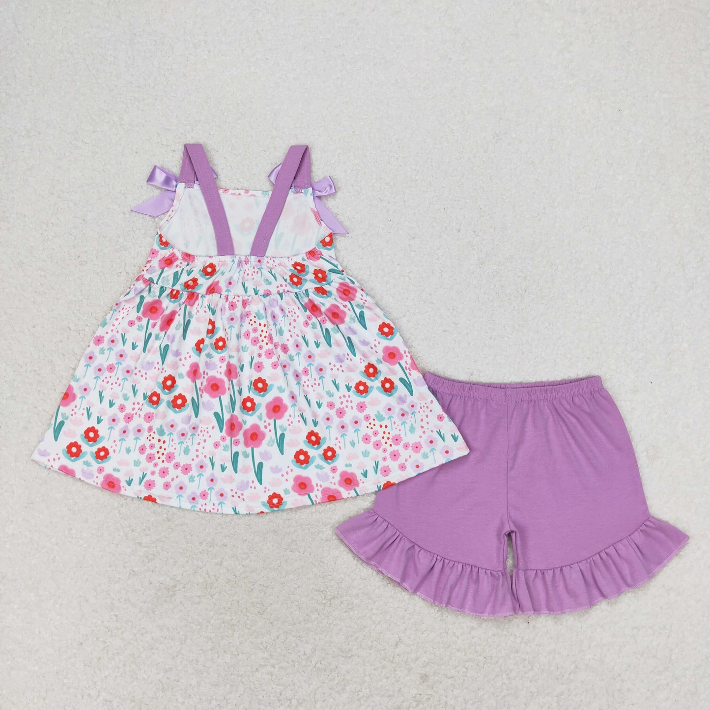 RTS no moq GSSO0992 Flower purple lace bow sleeveless shorts set