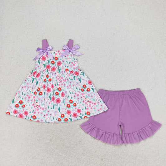 RTS no moq GSSO0992 Flower purple lace bow sleeveless shorts set