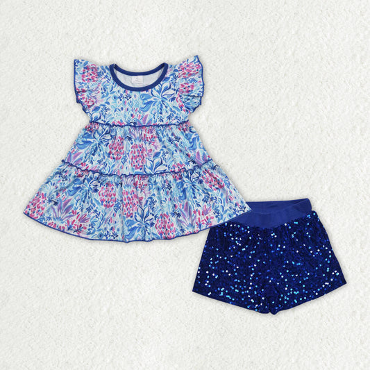 GT0474+SS0038 baby girl clothes blue flower girl sequin shorts set