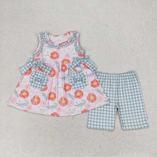 rts no moq GSSO0999 Floral Plaid Pocket Pink Sleeveless Shorts Set