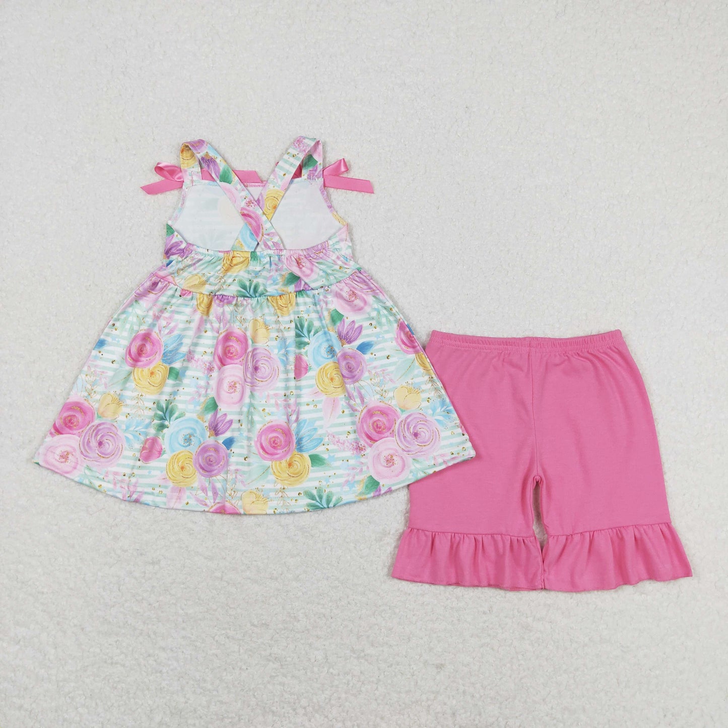 rts no moq GSSO1007 Colorful floral striped pink bow sleeveless shorts suit